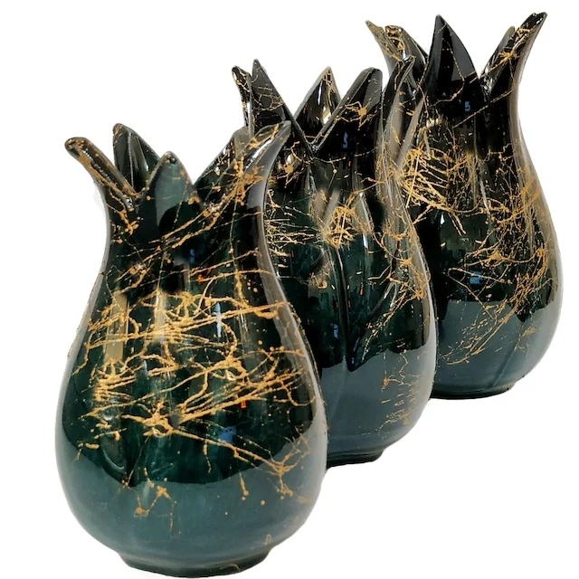 

Set of 3 Tile Tulip Vase-Emerald green / black-Marble Patterned