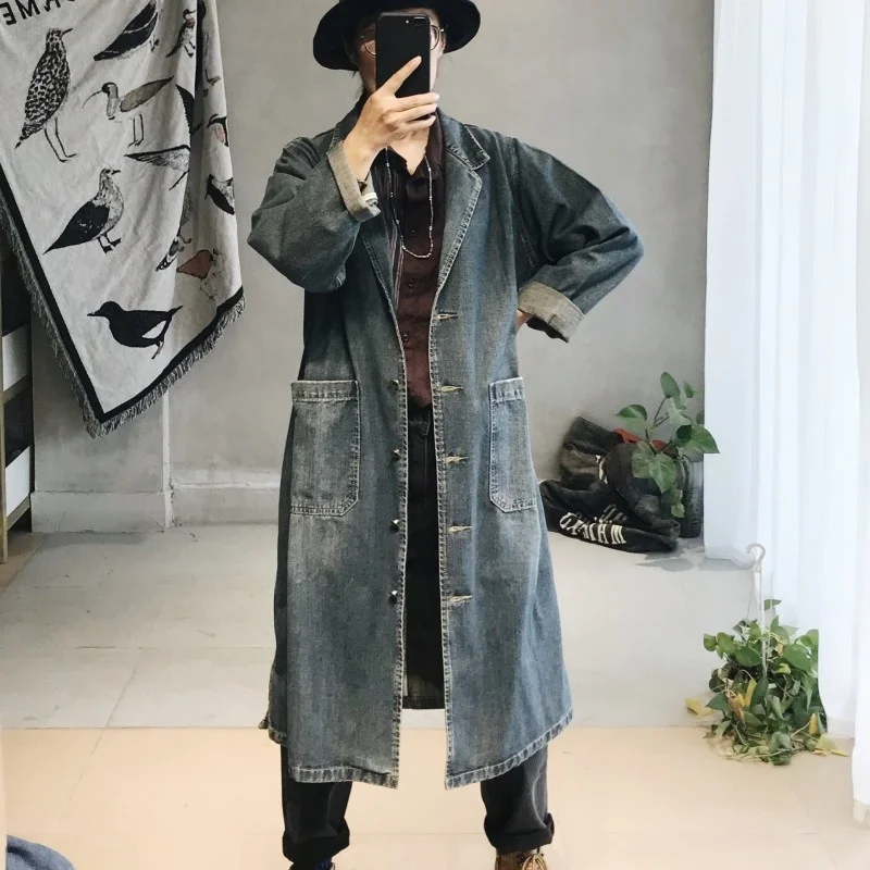 

Vintage Women Loose Fit Denim Long Coat Single Breasted Big Pocket Trench Coat Outwear Windbreaker One Size Cowboy Jeans Coats
