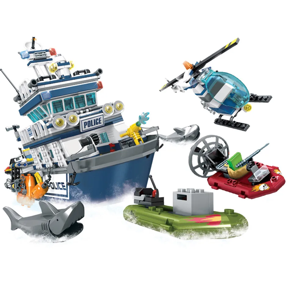 

869pcs Police Station Patrol Ship Building Blocks city plane boat Helicopter model brick Educational toys for Children