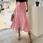 Юбка ZANZEA Женская хлопковая с разрезом, модная повседневная однотонная трапециевидная юбка с пуговицами, с разрезом, лето 2021