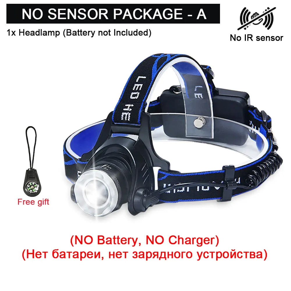 No sensor-A Светодиодный налобный фонарь для рыбалки головной светильник T6/L2 зум лампа Водонепроницаемый Головной фонарь вспышка светильник фонарь Использует 18650 Аккумулятор для велосипеда светильник - Испускаемый цвет: No sensor-A