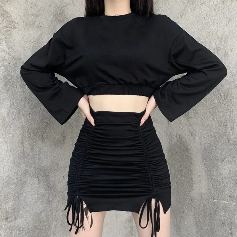 

Women Gothic Punk 2 Piece Black Outfits Set Flare Long Sleeve Crop Top Split Ruched Drawstring Bodycon Mini Skirt Harajuku Party