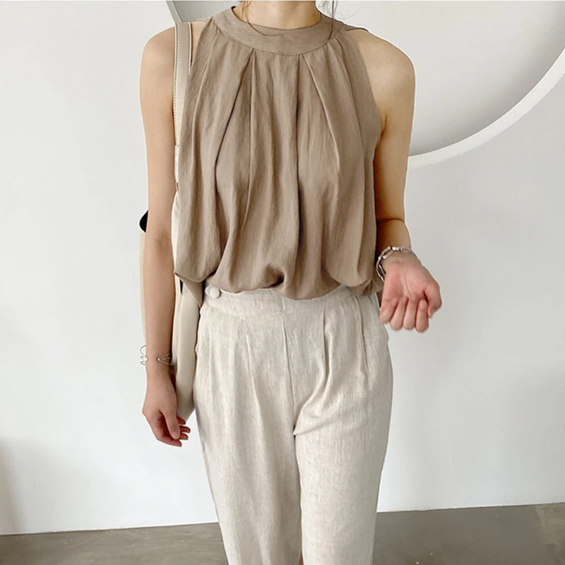 

Women's Fashion Temperament Light Cooked Style Loose Fashion Sleeveless Pullover Shirt Khaki