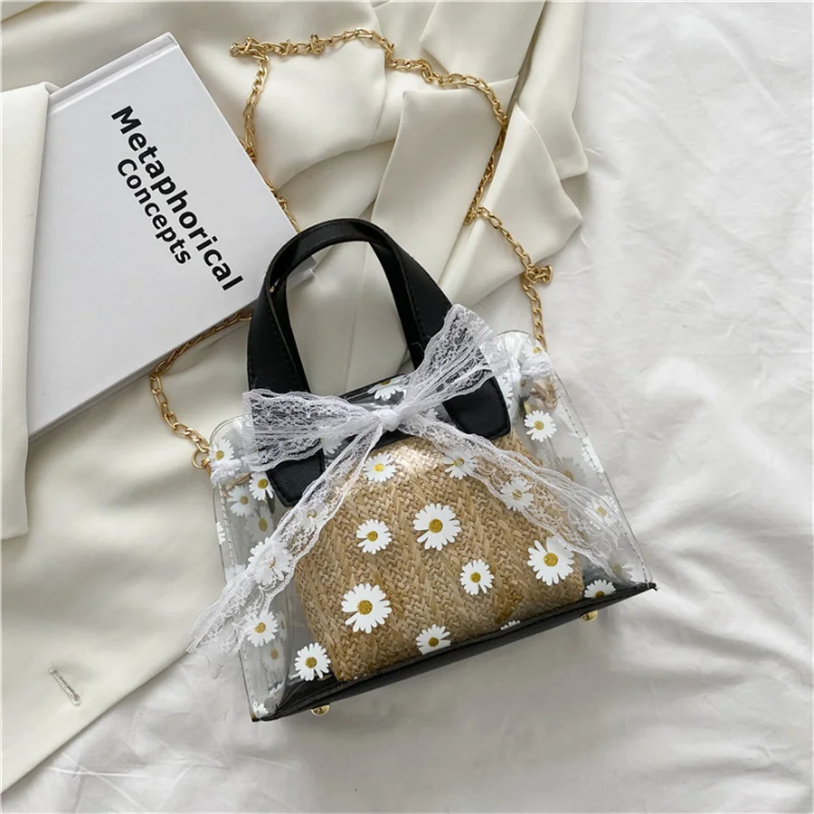 Прозрачная Плетеная соломенная сумка через плечо с цепочкой Женская квадратная