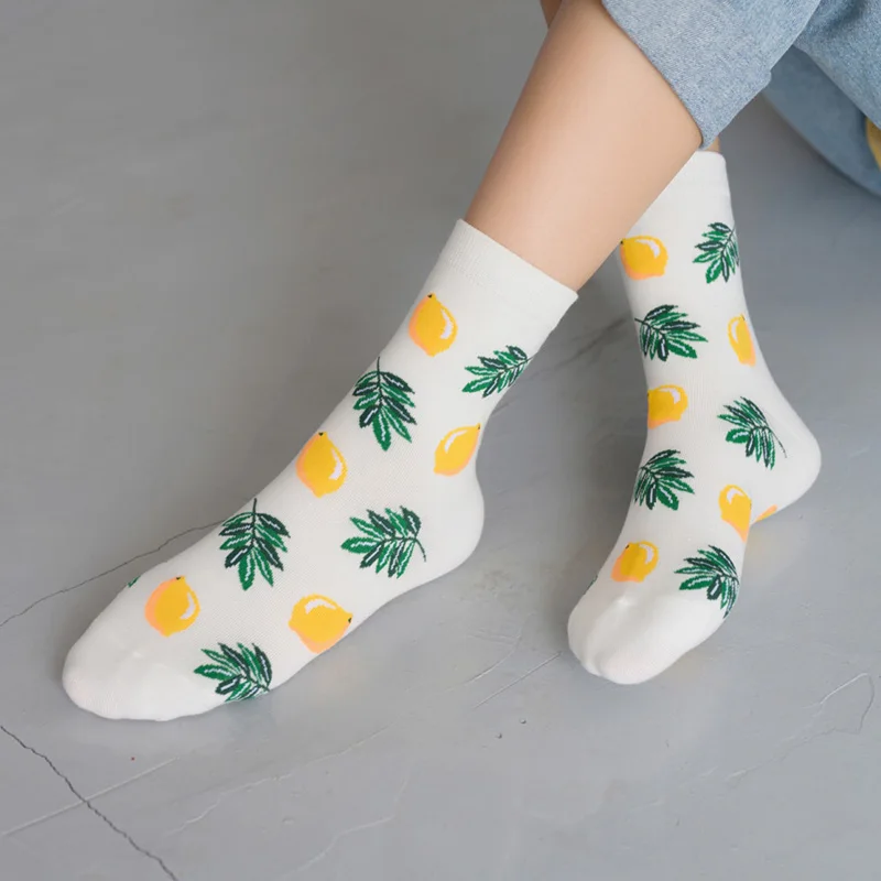 Korean Fresh Fruits Socks Lemon Avocado Pineapple Cherry Blueberry Orange Gardenias Banana Flamingos Plumerias