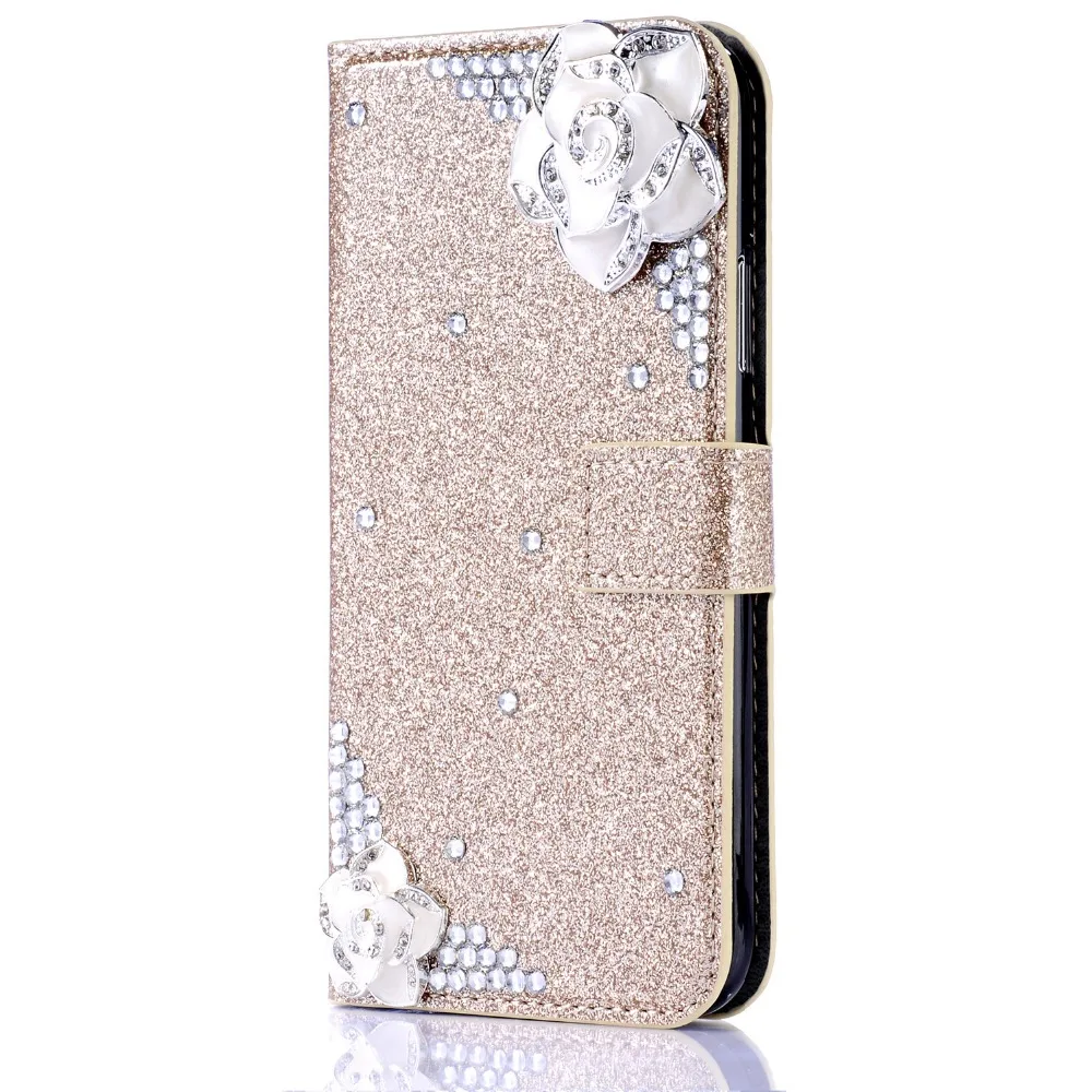 

Flip Leather Case For iPhone SE 2020 12 11 PRO X XS MAX XR 6S 7 8 Plus 5 Camellia Flower Card Wallet Fashion Bling Diamond Cover
