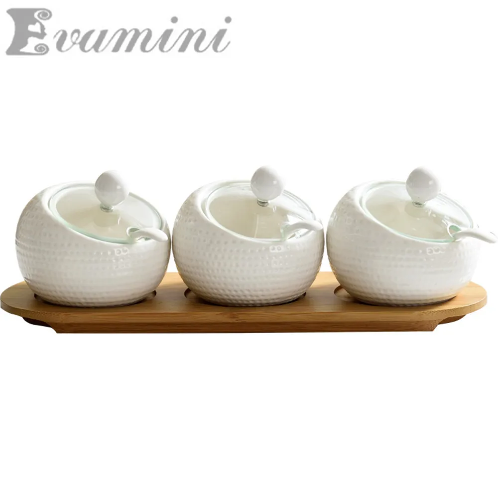 

160-550mlx3pcs/Set Kitchen Ceramic Spice Box Set Glass Cover Wooden Tray Seasoning Jar Sugar Cans Kit Salt Storage