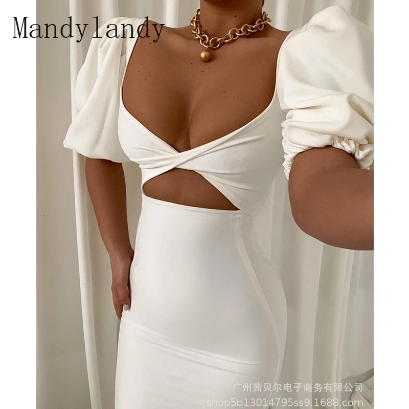 

Mandylandy Dress Summer Fashion Strapless Short Lantern Sleeve High Waist Dress Women's Sexy Hollow Out Slim Solid Color Dress
