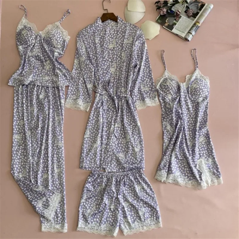 

Spring Sexy Deer Polka Dot Printed Women Lace Trim Satin Pajamas Nighties Pijama 5/4/3/2/1Pcs Homewear Nightwear Nightdress
