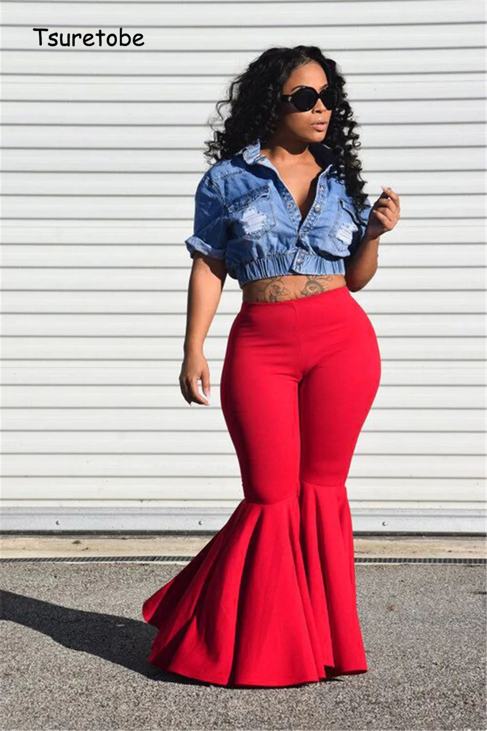 

Tsuretobe Plus Size Fashion Ruffle Flare Pants Wide Leg Women Colorful Bodycon Mid Waist Bell-Bottoms Pant Vintage Solid Trouser