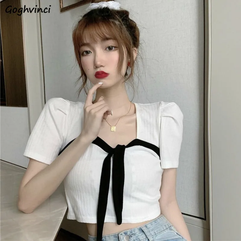 

Shirts Women Short Patchwork Lace Up Square Collar Designer French Style Ulzzang Elegant Slim All-match Fashion Females Summer