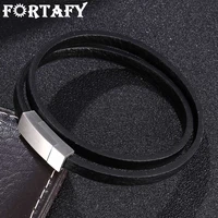 fortafy fashion leather wrap bracelets for men women stainless steel magnetic clasp wrist band trendy jewelry party fr1052