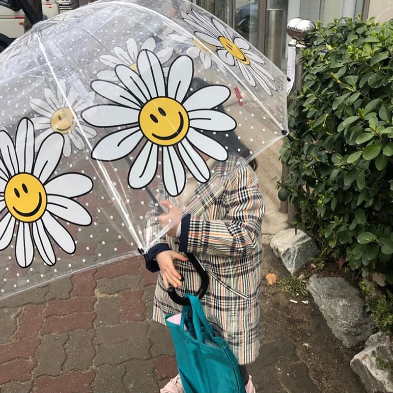 

Manual Open Straight Custom Daisy Print Cute Children Kids Umbrella Transparent Long Handle Non Automatic Parasol Rain