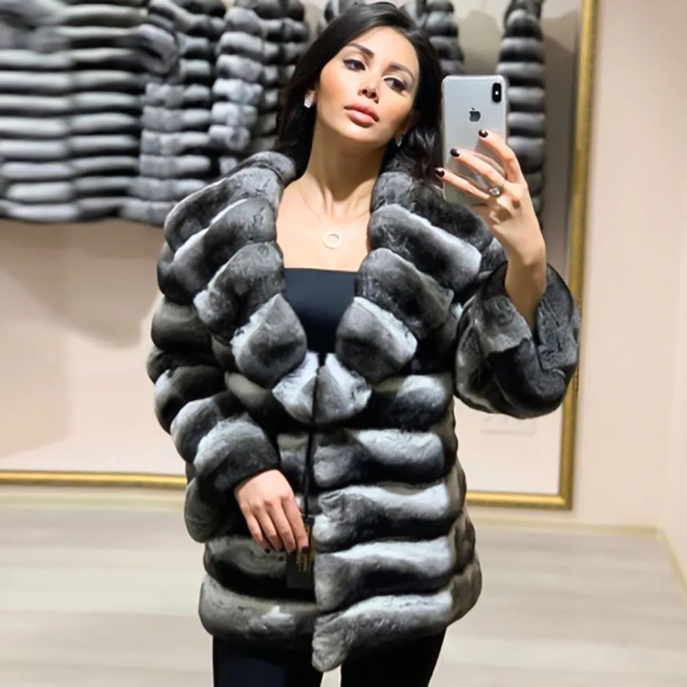 Natural Fur Coats Women Winter 2022 New Full Pelt Genuine Rex Rabbit Fur Jacket Medium Length Turn Down Collar Fur Overcoats