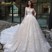 roseca ye luxury o neck lace vintage wedding dresses for france women long sleeves court train ivory princess bridal gown 2022