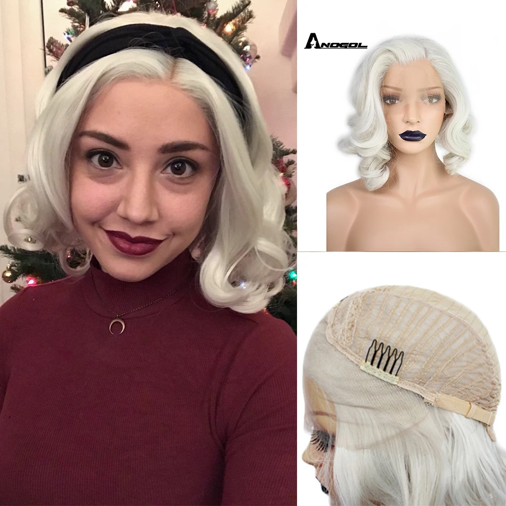 Anogol Platinum Blonde Free Parting Short Body Wave Bob High Temperature Fiber Natural Hair Synthetic Lace Front Wig For Women