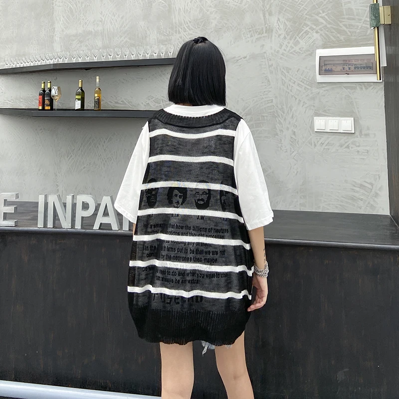 XUXI 2020 Vest Knitted Female Wear Summer Thin Loose Medium And Long Size Fat Mm Striped T-shirt Sleeveless V-neck Top FZ1564 | Женская