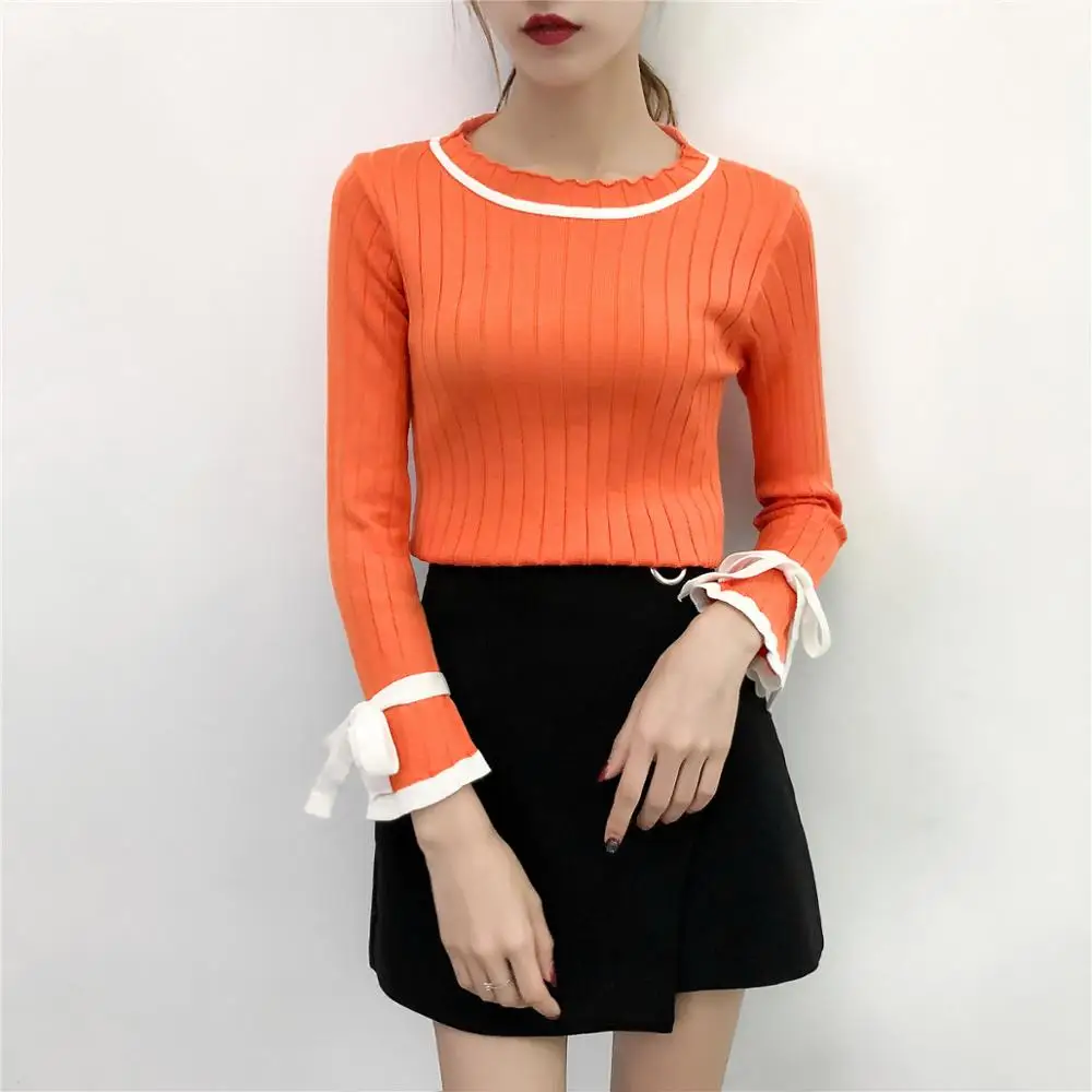 

Women Thin Knit Solid Bow Long Sleeve O-neck Sweater Female Tight Spring Fall Comfortable Casual Elegant Girl's Fashion A65