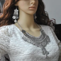turkish antique color bohemia gypsy metal flower coin long pendant statement choker necklace earrings bracelet set boho jewelry