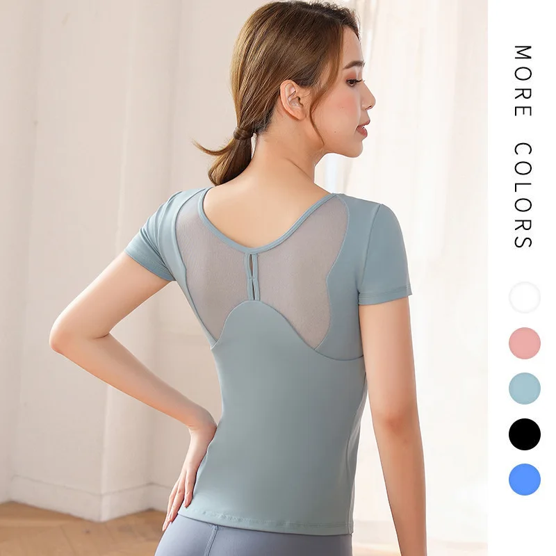 

2021 New Yoga Wear Top with Chest Pad Women's Mesh Beauty Back Tight Exercise Workout Quick-Drying Breathable