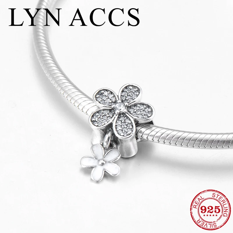 Real 925 Sterling Silver sparkling clear CZ white enamel flower Beads Pendant Fit Original LYNACCS Bracelet Charm Jewelry making | Украшения