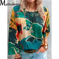 autumn 2021 map printing long sleeve women t shirt loose top women splice fashion o neck cotton casual pullover t shirts female