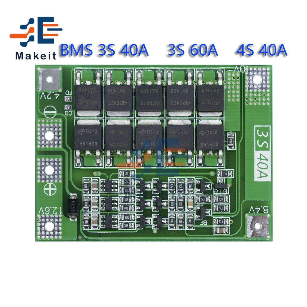Защитная балансировочная Плата smart BMS 3S 4S 40 А 60 12 В 48 18650 для литий-ионных литиевых