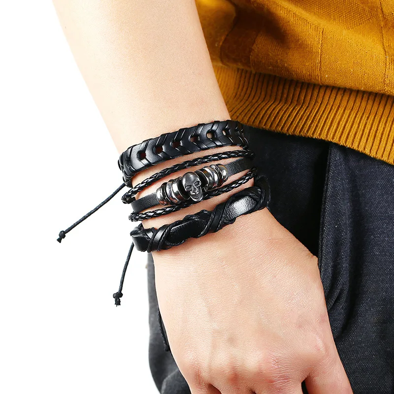 Poisonous Sign Skull Charm Leather Bracelet Set Multiplayer Black Braided Bangle Men Wristband Jewelry 6pcs/set | Украшения и