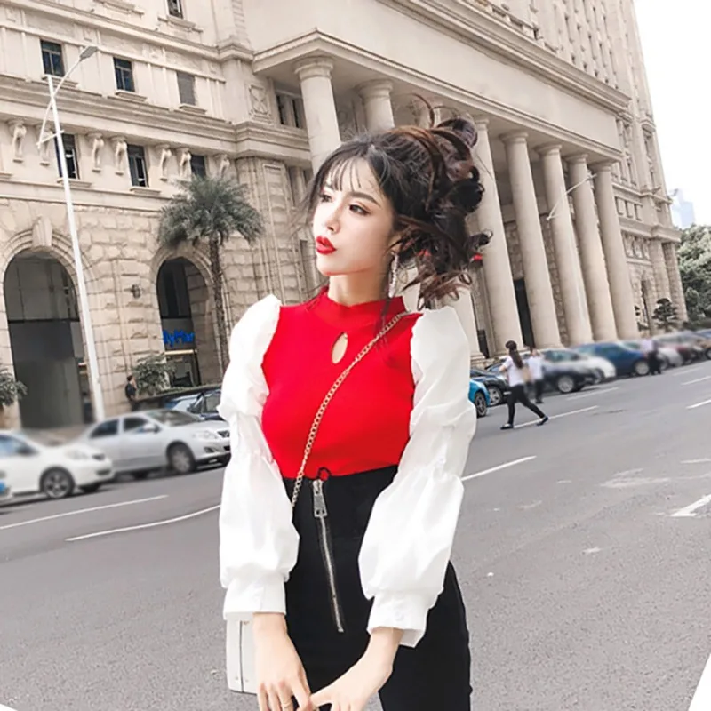 Женский вязаный свитер с рукавами-фонариками облегающий круглым вырезом в стиле