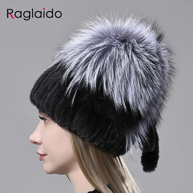 

genuine fur hat for women winter real mink fur hat with tail fluffy fox fur pompoms female stylish natural fur knitted fur hat
