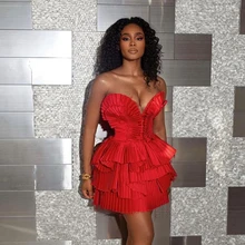 Robe de soirée courte rouge, sans bretelles, sans manches, plissée à plusieurs niveaux, grande taille, Mini robe de Cocktail, sur mesure  (2)