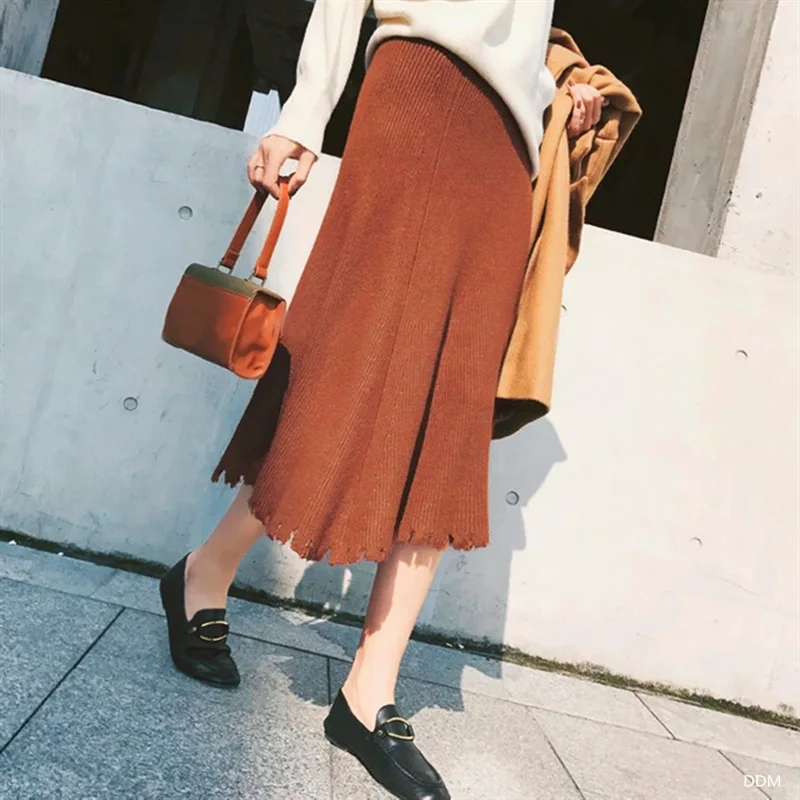 2019 с дырками и высокой талией женские вязаные трапециевидные длинные юбки Ретро