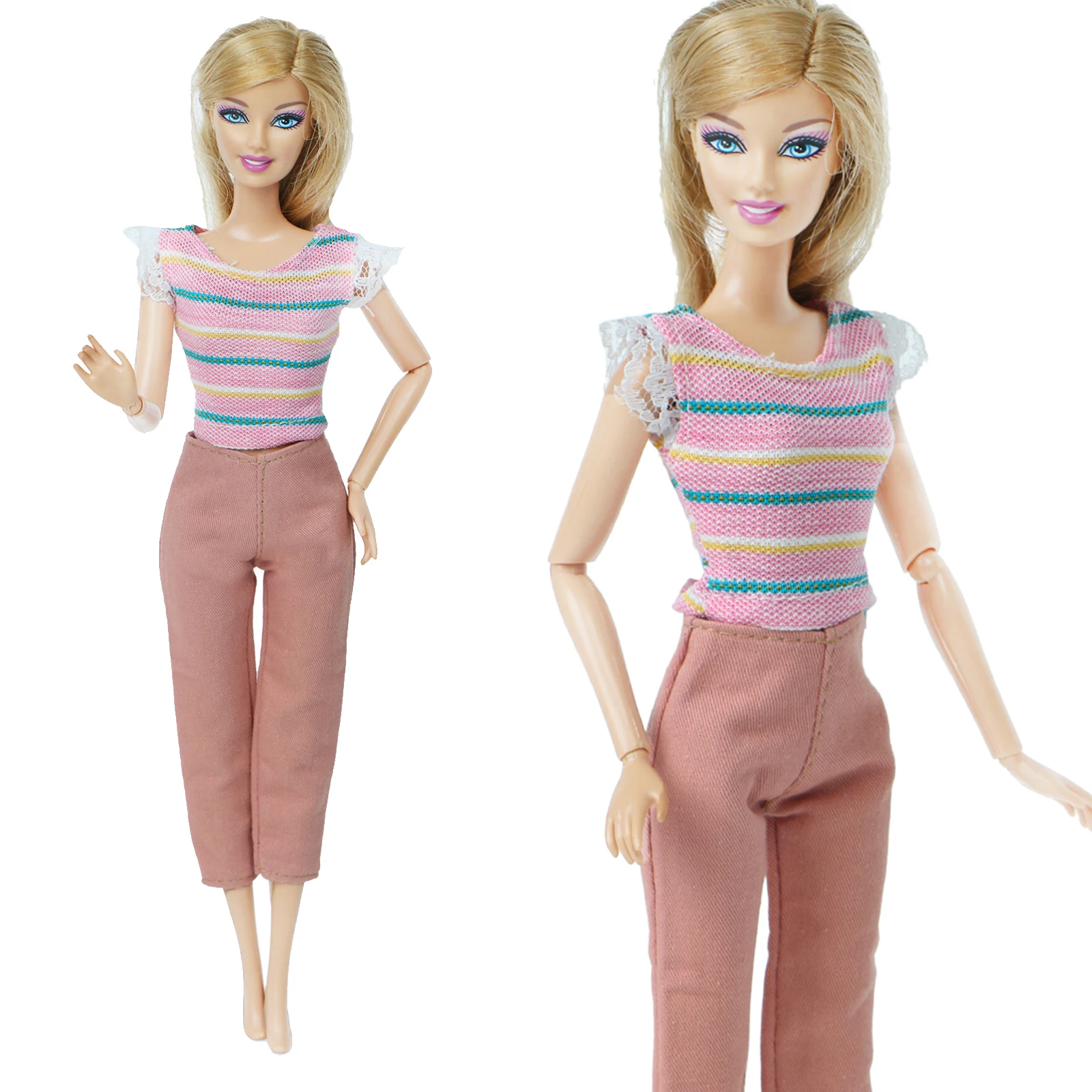 Модный 1 комплект розовая Дамская одежда футболка в цветную полоску кружевные