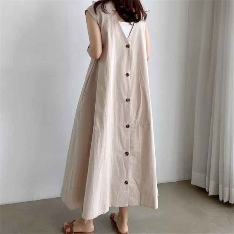 

Fashion Thin Loose Look Thin Dress Women Minimalism Back Single-breasted Sleeveless Bottoming Casual All-match Student Dresses