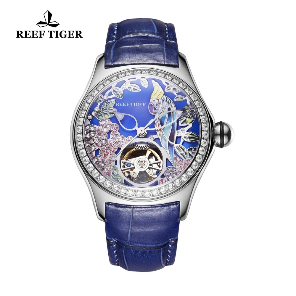 

Reef Tiger Top Brand Luxury Women Watches Blue Dial Steel Sport Watches Diamond Analog Mechanical Watches RGA7105