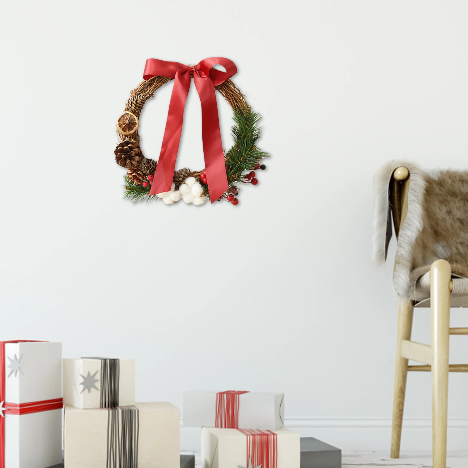 

Натуральный Рождественский венок с бантом, настенное украшение для праздника на открытом воздухе, Рождества