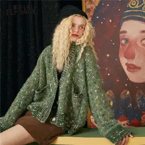 Женский трикотажный кардиган ELFSACK, зеленый Яркий шелковый кардиган на пуговицах, Осенний винтажный топ в Корейском стиле, модель 2020