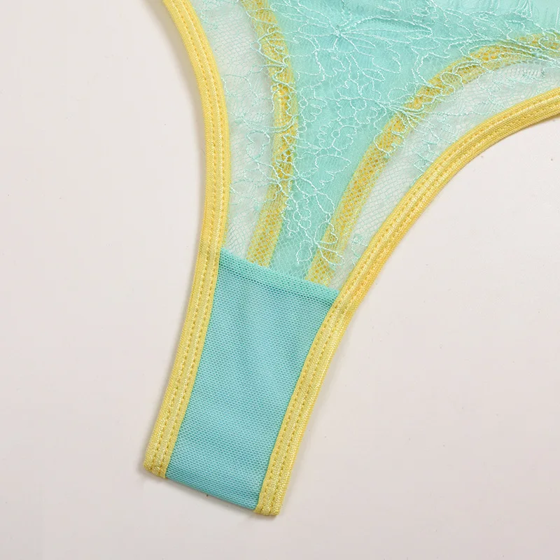 

Contrast Color 2-piece Bra Set Women Transparent Cross Bra + Thong Panties Sexy Underwear Ladies Lace Lingerie Set