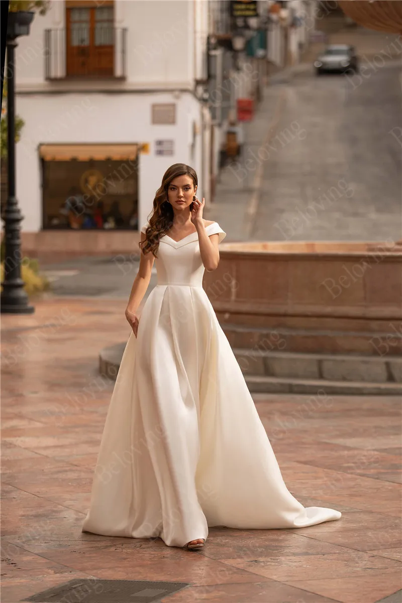 Button Back Satin Boho Bride Wedding Dresses Floor Length A-Line Dress With Train Bridal Gowns 2021 vestidos de novia | Свадьбы и