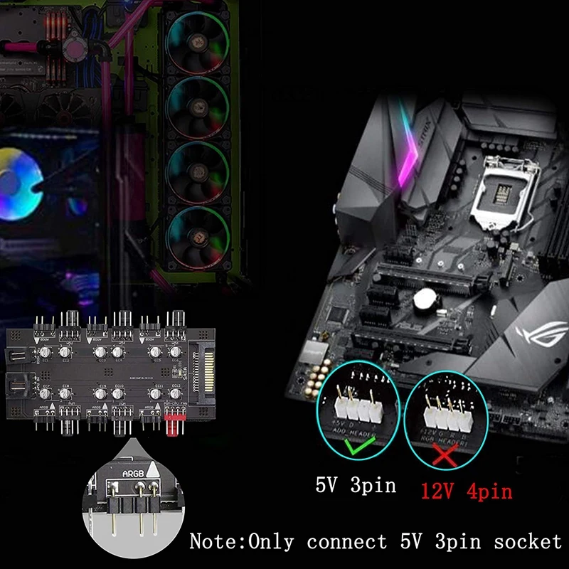

12V 4Pin PWM/ARGB with SATA 15Pin Power 2-In-1Hub 6Simultaneous CPU Cooling Fan Used to Expand the Motherboard Interface