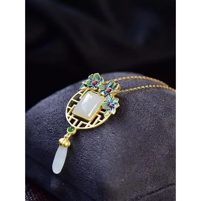 

New Hetian Jade Ancient Gold Window Sill Lattice Pendant S925 Silver Gilding Enamel Sweater Chain Female Elegance Retro