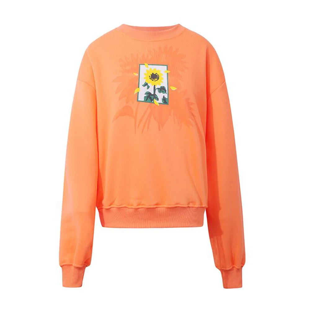 Sunflower Printed Women Pullovers Candy Color Long Sleeve Round Collar Clothes Tops Casual Girl Korean Style Sweetshirts