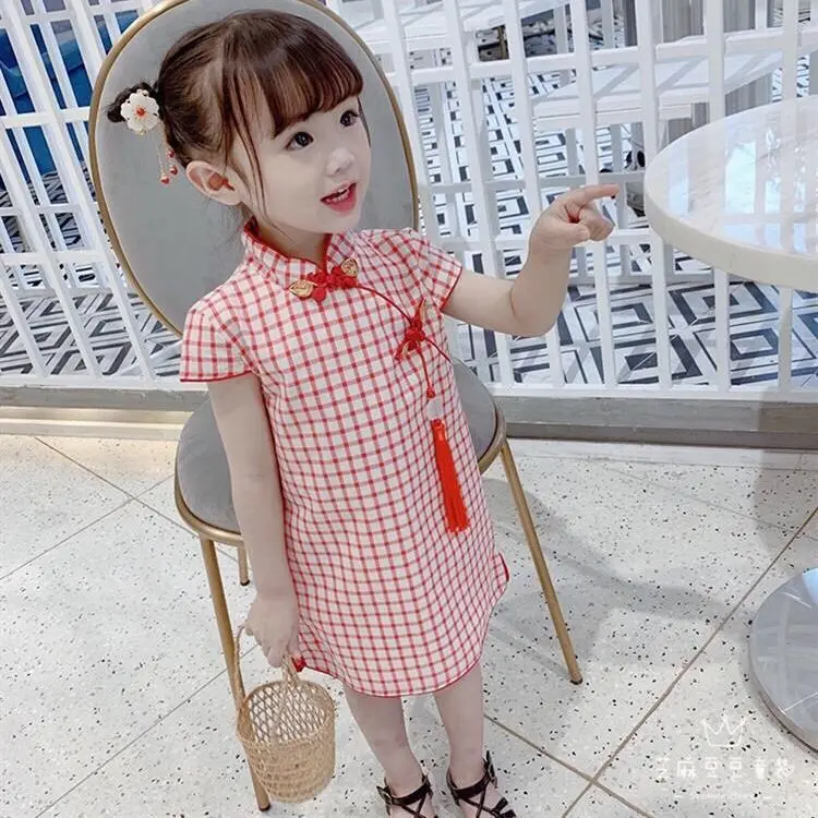 

3Colors Cute Chinese Traditional Froal Print Plaid Cheongsam For Girls Short Sleeve Dress Chinese Knot Summer Kids