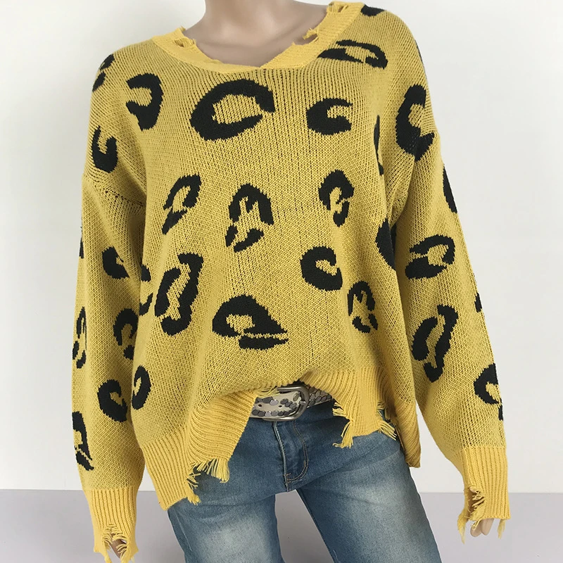 

YRRETY Fashion Leopard Sweater Patchwork Autumn Winter Ladies Knitted Women V Neck Long Sleeve Jumper Pullovers Oversized Tops