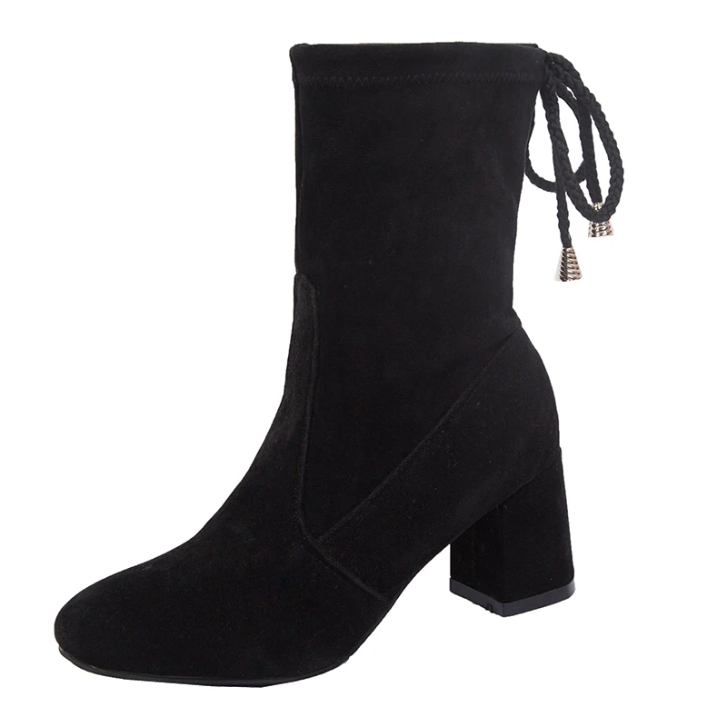 2020 г. Новые женские ботинки из флока до середины икры пикантная Осенняя женская