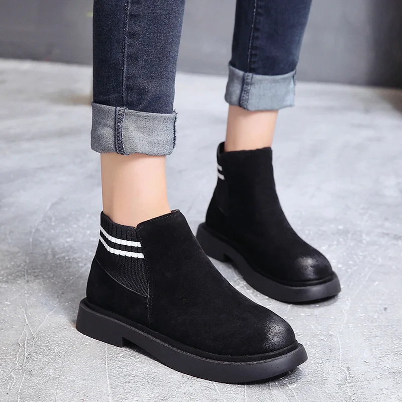 

Retro Flock Martin Boots Women Shoes Woman Fad New Autumn Short Ankle Boots Square Low Heels Round Toe Slip on Plus Size Boots