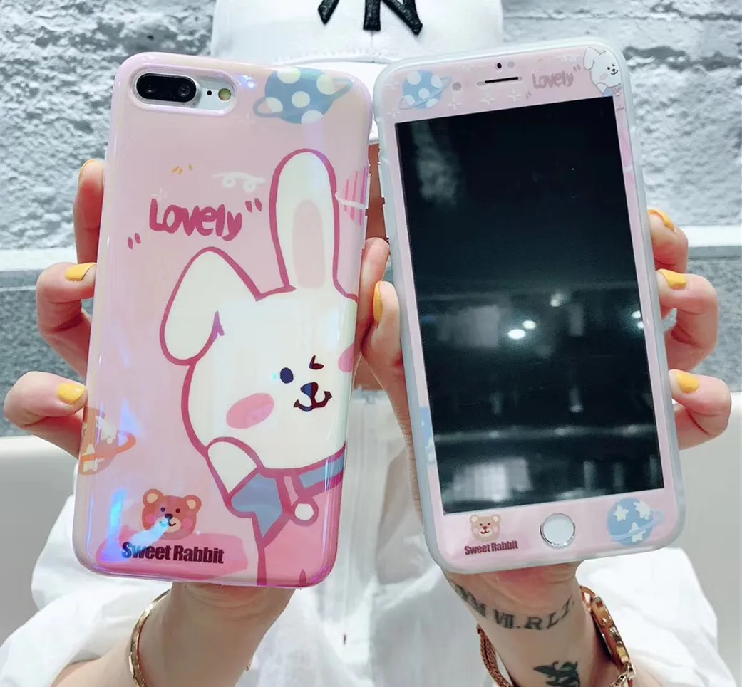 

Tempered Glass Soft Edge Screen Protector For iPhone 11 Pro Max XS X XR 7 8 Plus Cartoon Rabbit Bear Pattern TPU Phone Case
