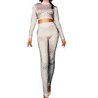 white plaid long sleeve diamonds jumpsuits skinny stretch women bodysuits nightclub pole dancing costumes singer show stage wear