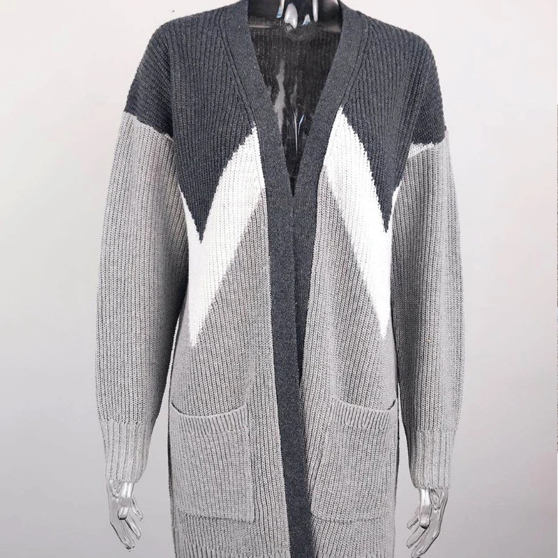

New Women Long Sleeve Knit Cardigan Geometric Color Block Patchwork Loose Sweater V Striped Print Open Front Coat Pockets