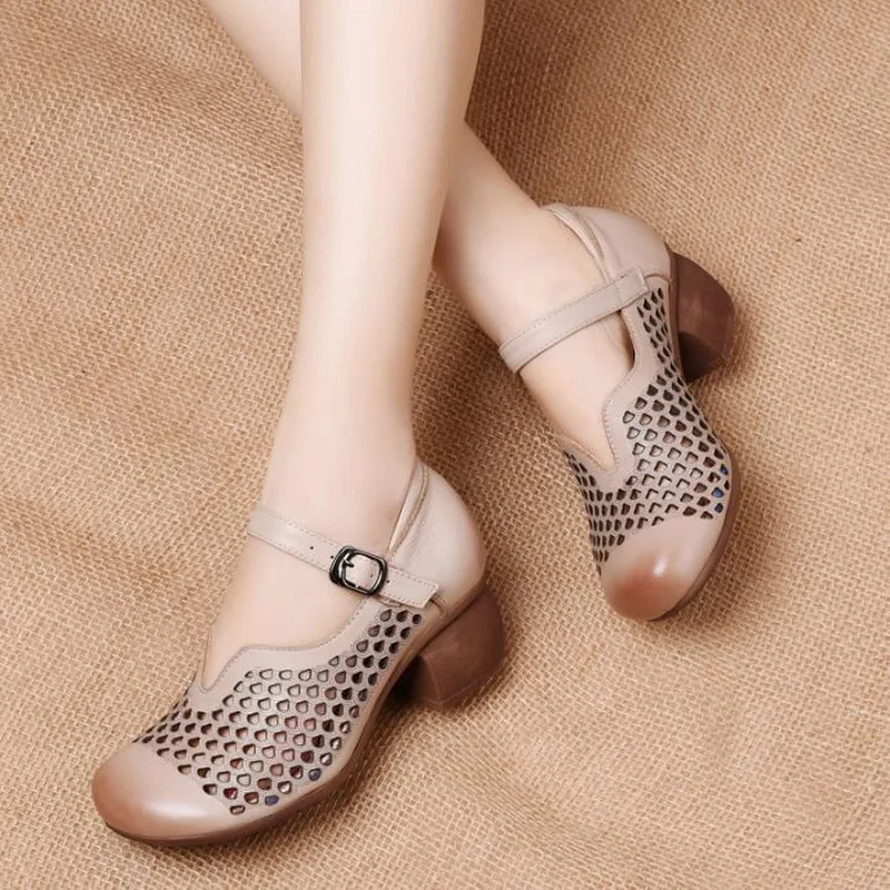 2021 Summer Genuine Leather Comfortable Ladies Mid Heel Sandals Women Shoes Hollow Round Toe Square Heels Sandals Woman